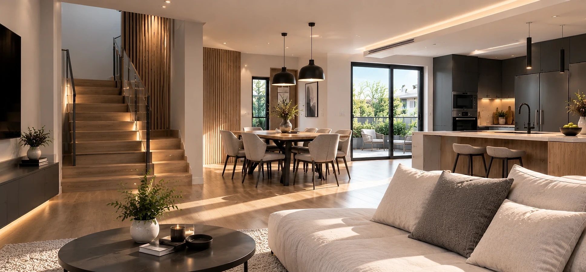 Salón, comedor y cocina abiertos, con escalera de madera y salida a la terraza